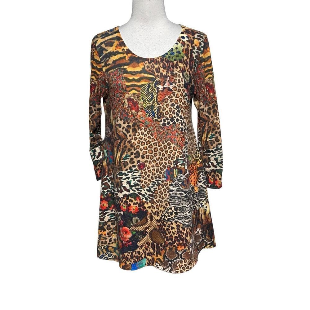 Amma Made in LA 3/4 Sleeve Animal Print High Low Tunic Dress Size Small